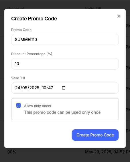 Add Promo Code Interface