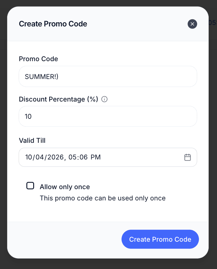 Add Promo Code Interface