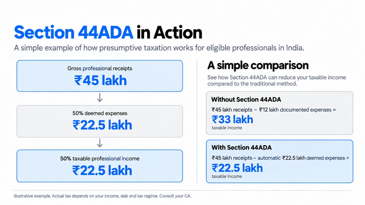 Section 44ADA example showing how ₹45 lakh of gross receipts become ₹22.5 lakh of taxable income